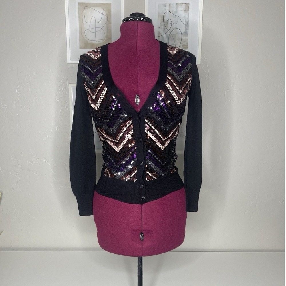 Trina Turk Cardigan Womens Petite P Black Sequin Chevron Merino‎ Wool Sweater